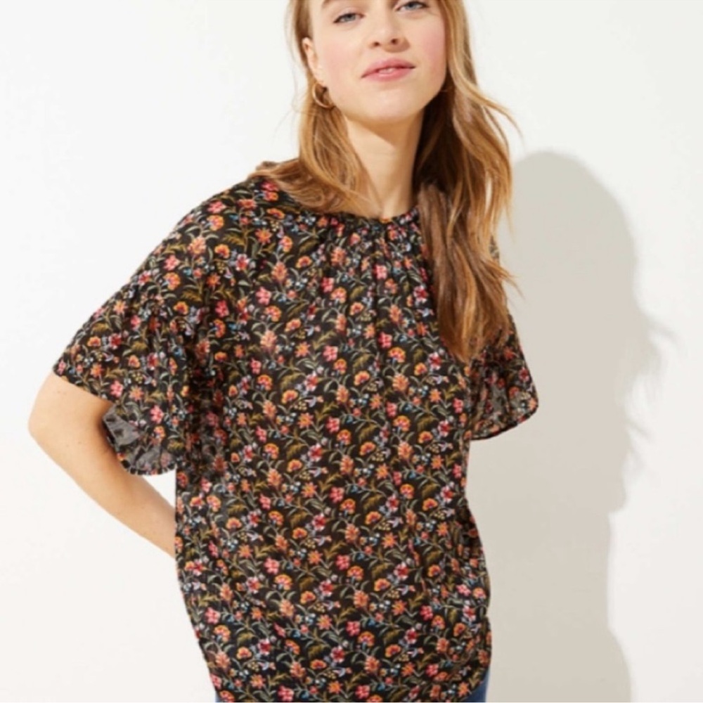 LOFT Sheer Metallic Blouse‎ Embroidered Floral Bell Sleeve Black/Multi 14